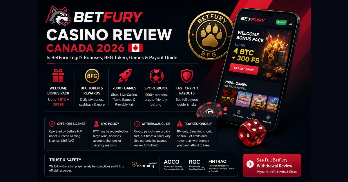 BetFury review Canada 2026 with BFG rewards, bonuses, games, sportsbook and crypto payout risks