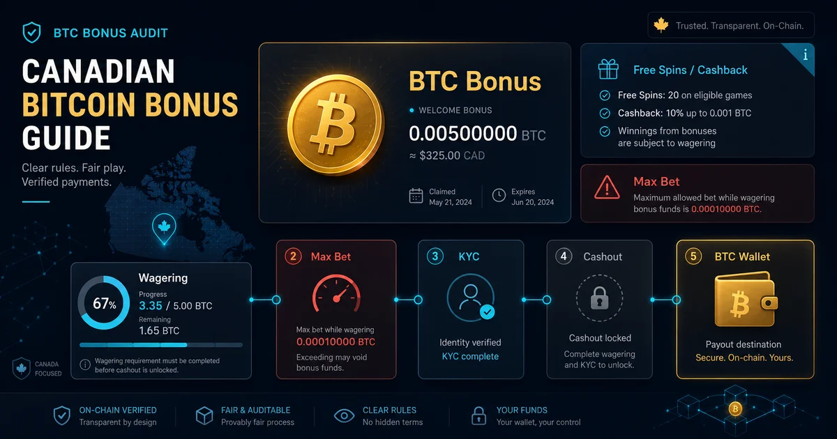 Bitcoin casino bonuses Canada guide showing BTC wagering, bonus cashout checks and KYC risk