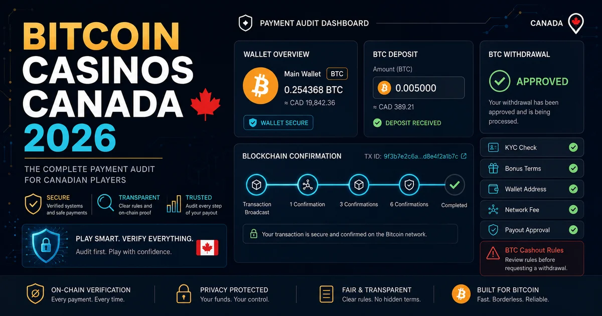 Bitcoin casinos Canada guide showing BTC wallet, payout checks, bonus terms and KYC risk
