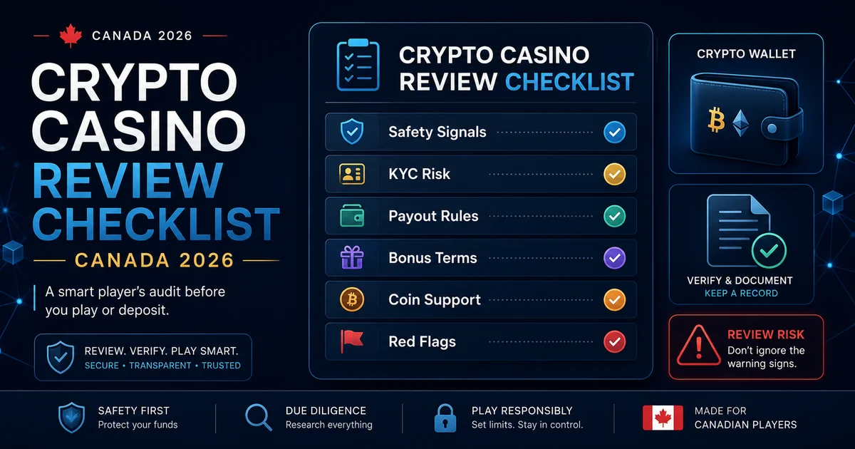 Crypto casino review checklist for Canadian players showing safety, KYC, payout and bonus checks