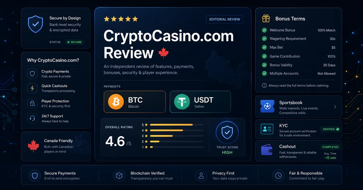 CryptoCasino.com review Canada guide showing BTC, USDT, bonus and cashout checks