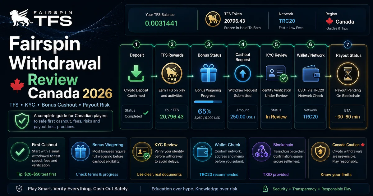 Fairspin withdrawal review Canada flow showing TFS rewards, bonus status, KYC review, wallet checks and payout outcome