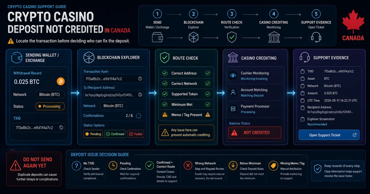 Crypto casino deposit troubleshooting flow from TXID to confirmations and casino support