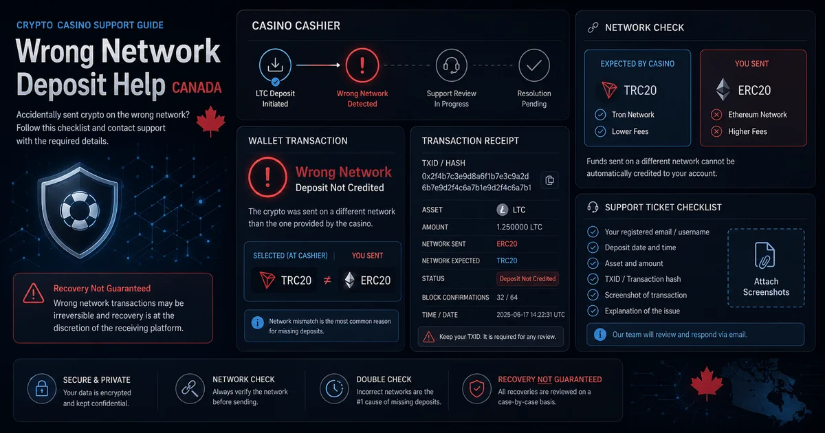 Wrong-network crypto casino deposit flow with TXID, cashier network and support ticket checks