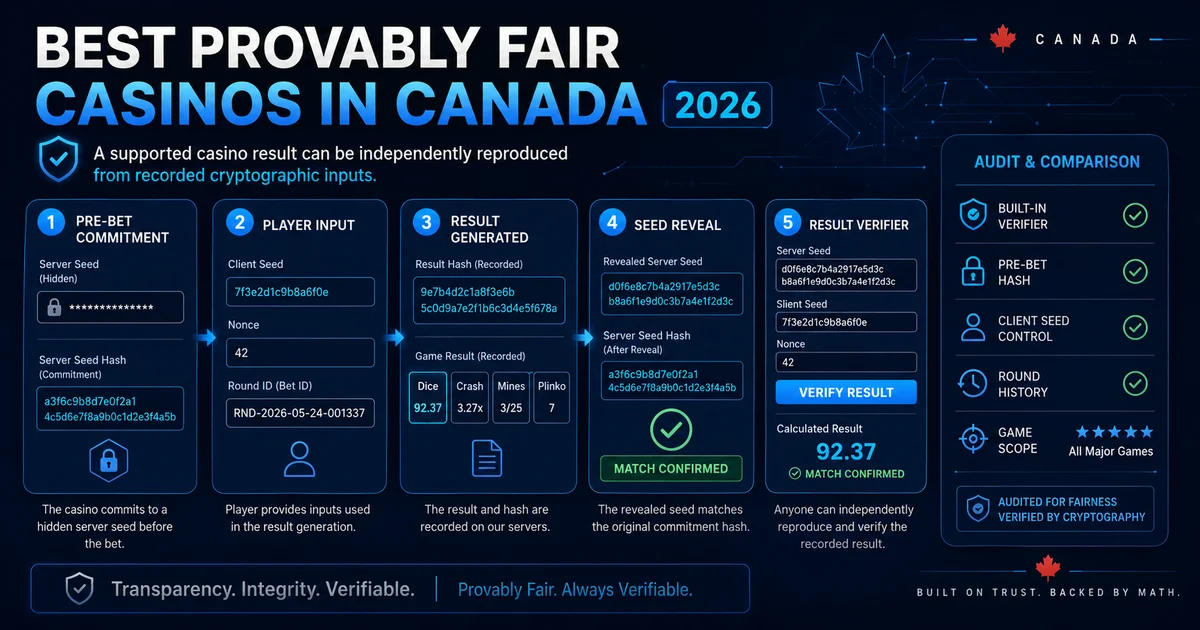 Provably fair casino verification flow with server seed, client seed, nonce and result checker