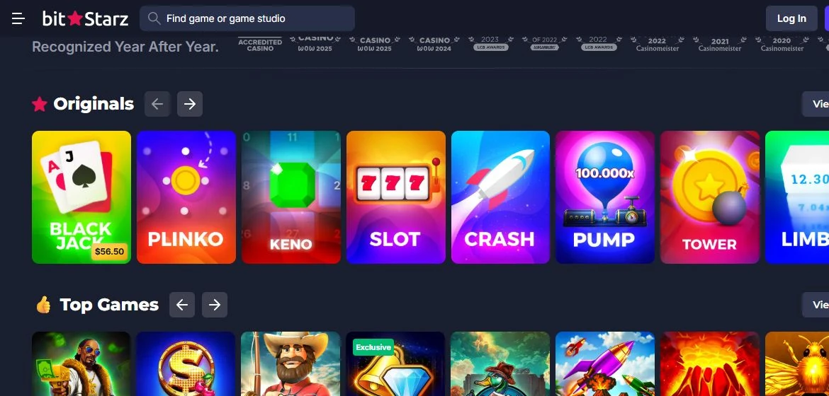 BitStarz Originals game lobby showing in-house casino games
