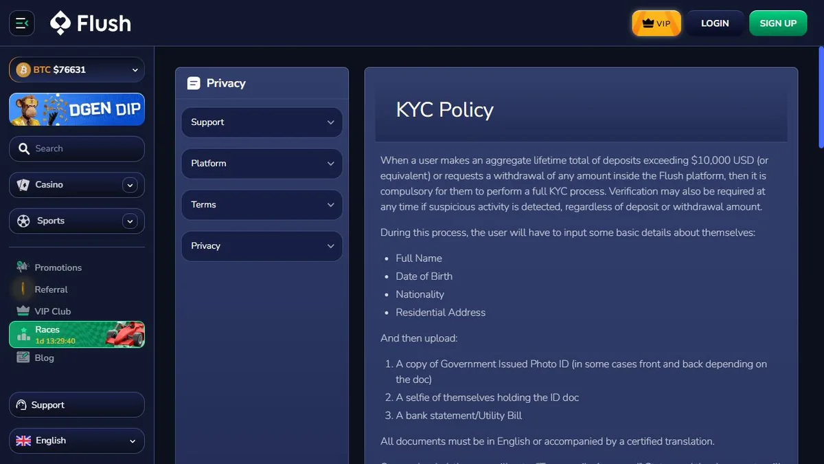 Flush KYC policy requiring verification for withdrawals