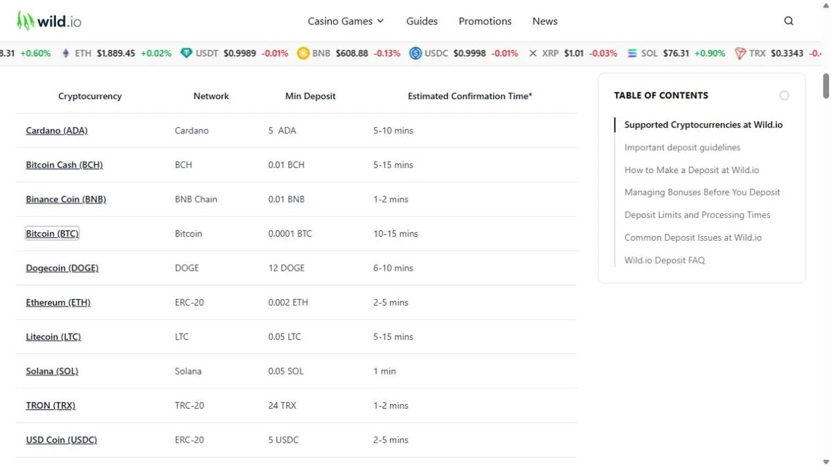 Wild.io Bitcoin deposit method details