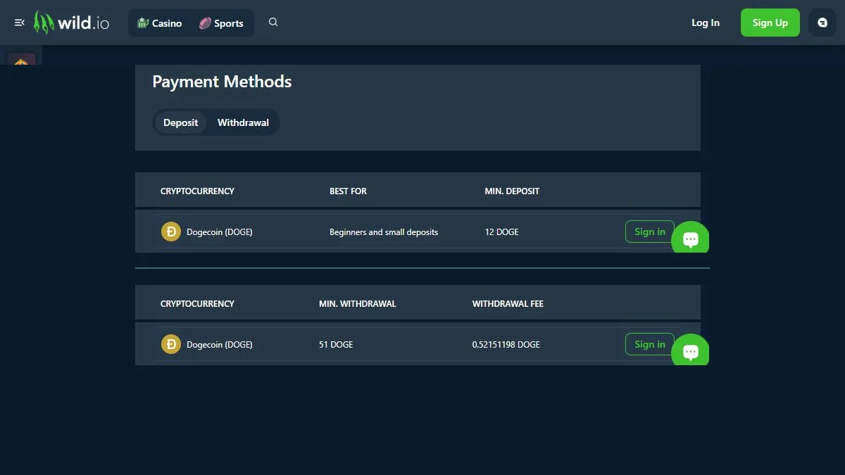 Wild.io Dogecoin deposit and withdrawal limits