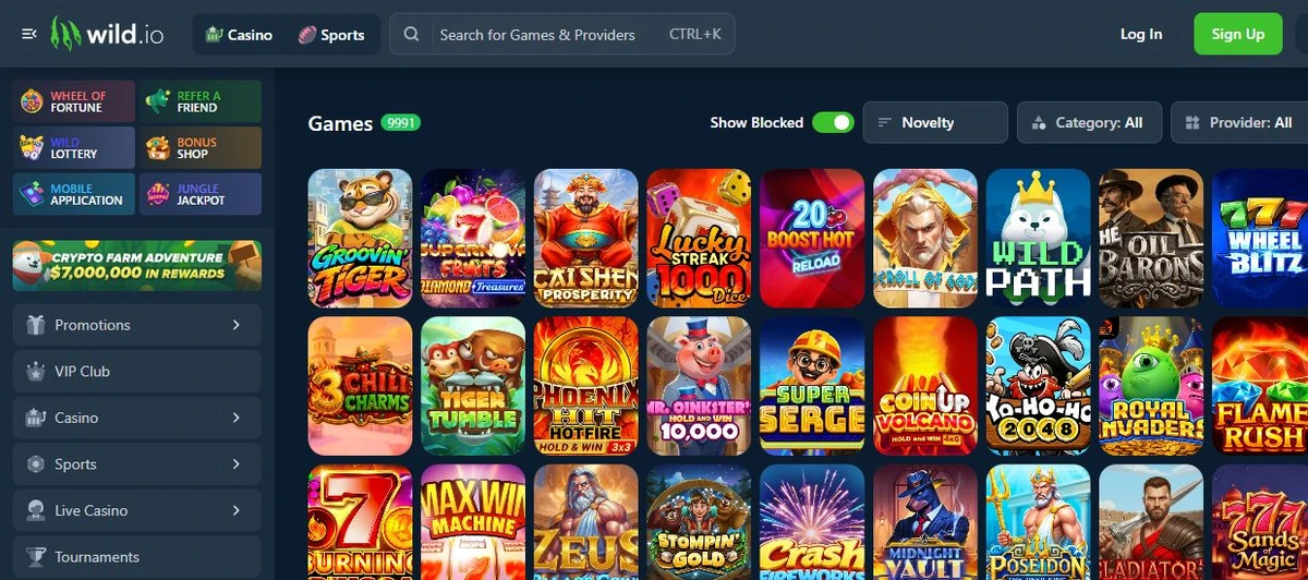 Wild.io casino game lobby and category filters