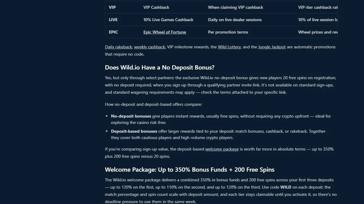 Wild.io 20 no-deposit free spins partner offer