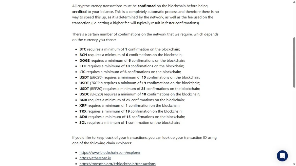 Wild.io USDT network confirmation requirements