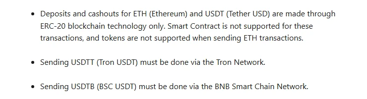 Wild.io USDT ERC20 TRC20 and BEP20 deposit rules