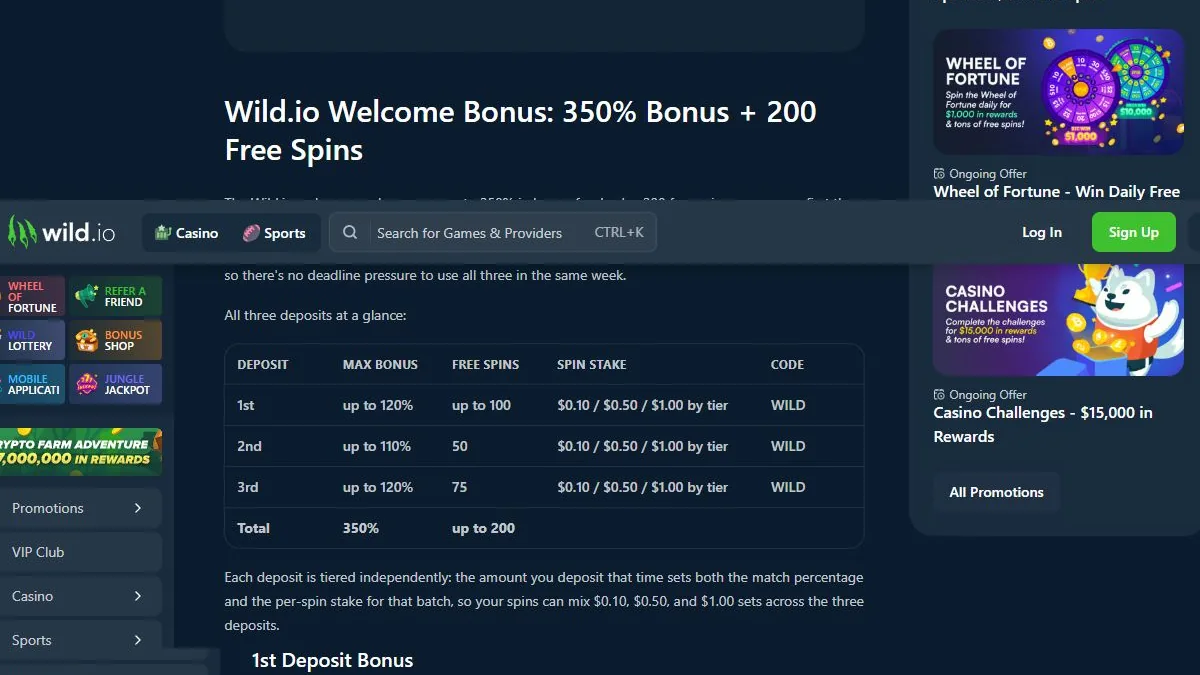 Wild.io welcome bonus tiers and WILD bonus code