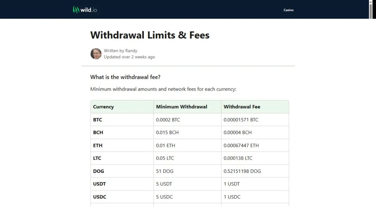 Wild.io crypto withdrawal minimums and fees