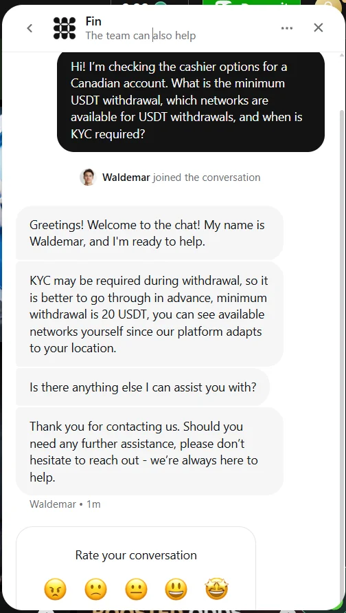 Fairspin live support on minimum withdrawal and KYC