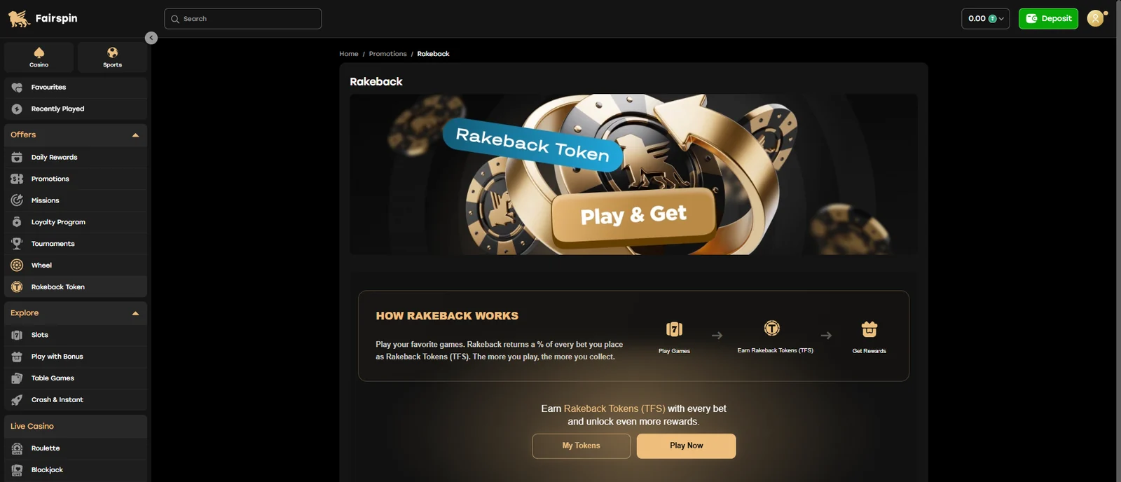 Fairspin TFS Rakeback Token dashboard
