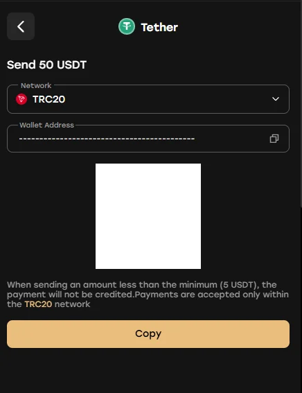 Fairspin USDT TRC20 deposit screen